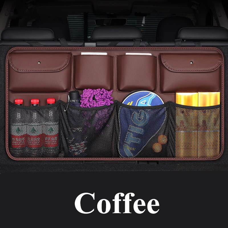 Newest PU Leather Car Rear Seat Back Storage Bag Multi-use Car Trunk Organizer Auto Stowing Tidying Auto Interior Accessories: coffee with net