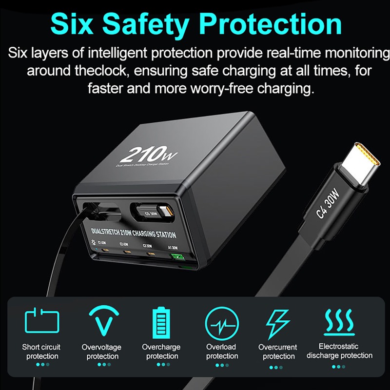 210W 6-in-1 Ladestation mit Einziehbarem USB-C-Kabel Power Combo Tower für Mehrere Geräte Schnellladegerät für iPhone, Airpod