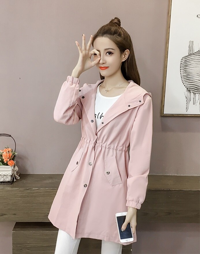 Kvinders trenchcoat forår efterår kvindelige outwear kausal lange ærmer med hætte slim dame vindjakke  q90: Lyserød / Xl