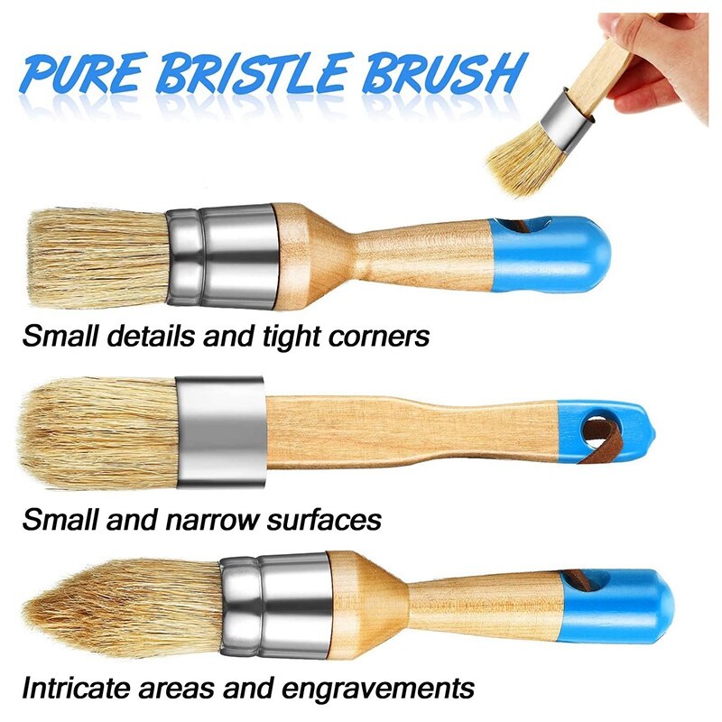5Pcs Chalk Paint & Wax Brush Natural Bristle Brush Set - Round Brush, 3 Piece Brush Set & 4Inch Flat Brush