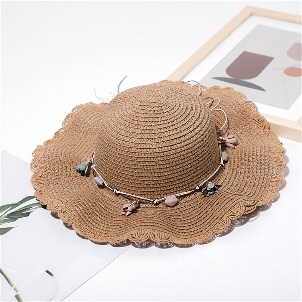 40#  zomer vakantie slappe strohoed dames dames brede rand strand opvouwbare strik bloem stro zonnehoed badmuts een maat breed: Khaki 