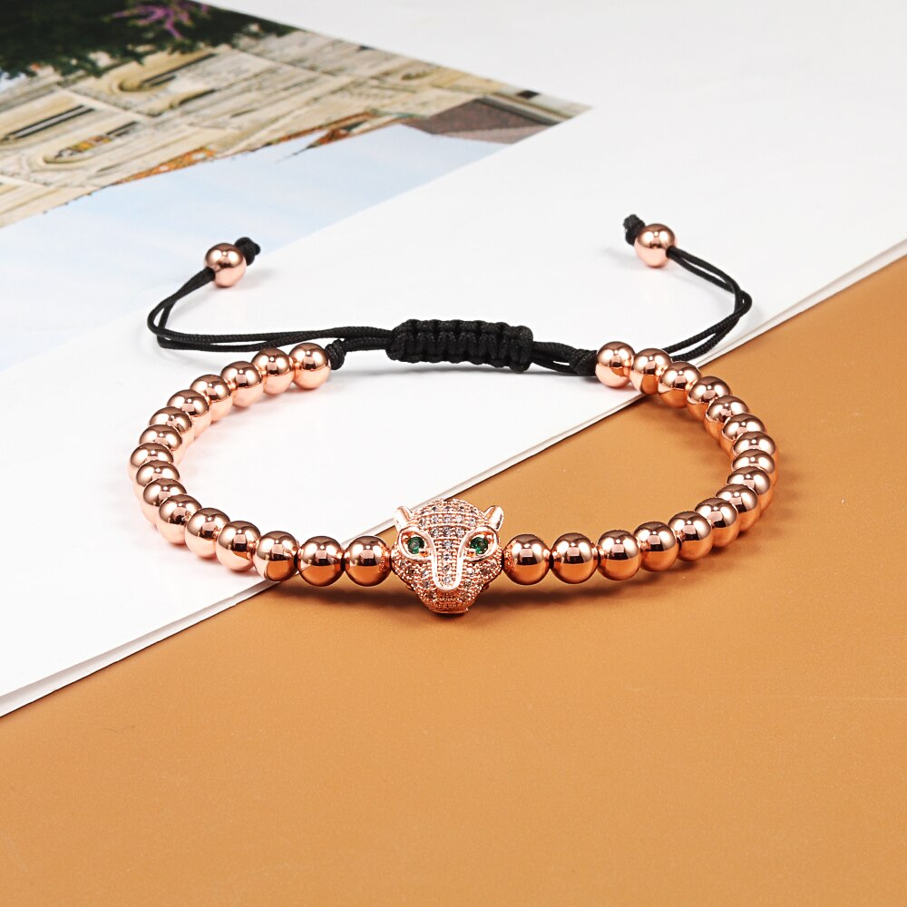 Leopard Head Bracelet Adjustable Beads Pave Zircon Bracelet For Men Women Charm Jewelry Best Friend: rose gold leopard