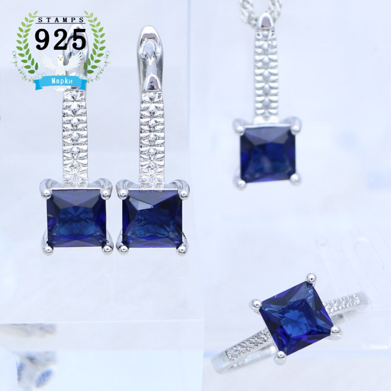 Mujer pendientes anillo colgante collar 925 joyería de plata cuadrado granate piedra roja conjunto de joyas accesorios de boda: Azul