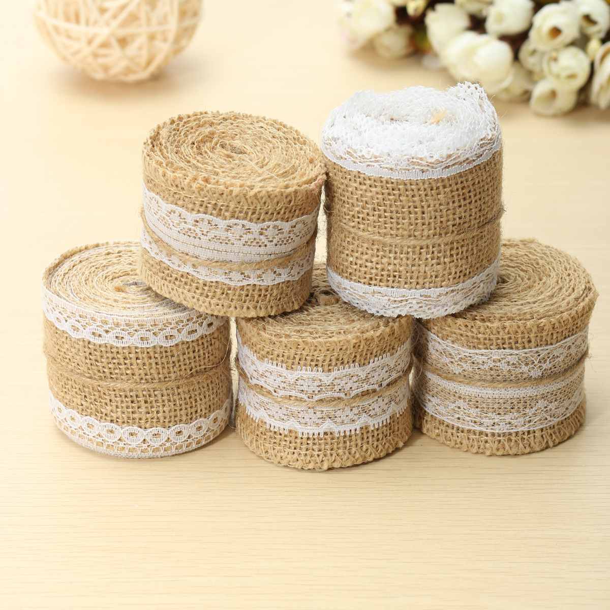 2Pcs 5Cm X 200Cm Natuurlijke Jute Jute Roll Wit Kant Hessische Trim Tafelloper Bands Rusticity Bruiloft decor Diy Craft