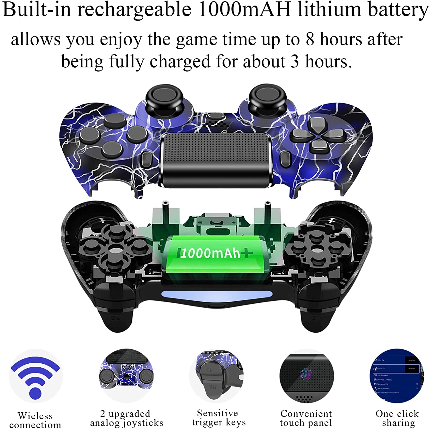 Mando PS4, Mando Inalámbrico para Playstation 4, Controlador Inalámbrico Gamepad Doble Vibración para Playstion 4, Bluetooth Joystick PS4 con Cable y Agarres para el Pulgar