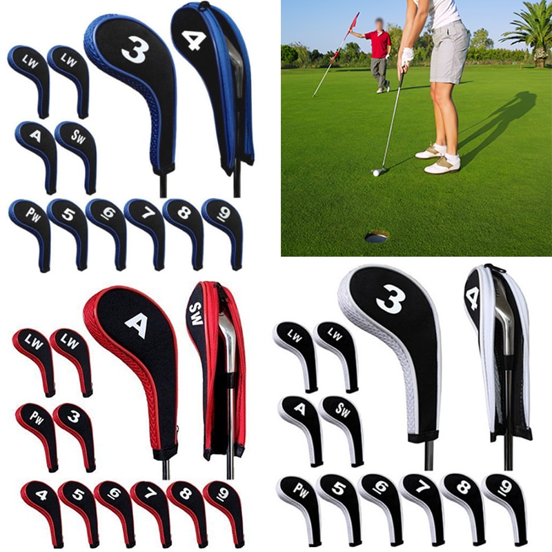 Alta qualidade 12 pçs de borracha neoprene golf club head cover ferro putter com zíper longo pescoço proteger conjunto número impresso