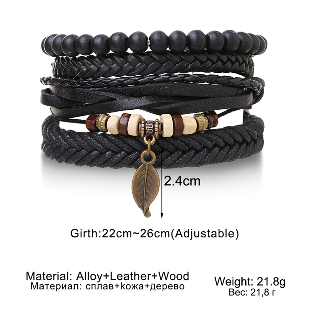 Ifmia Zwarte Mannen Armbanden Vintage Multilayer Leather Braid Armbanden Armbanden Leaf Handgemaakte Rope Wrap Armbanden Mannelijke Jewlery