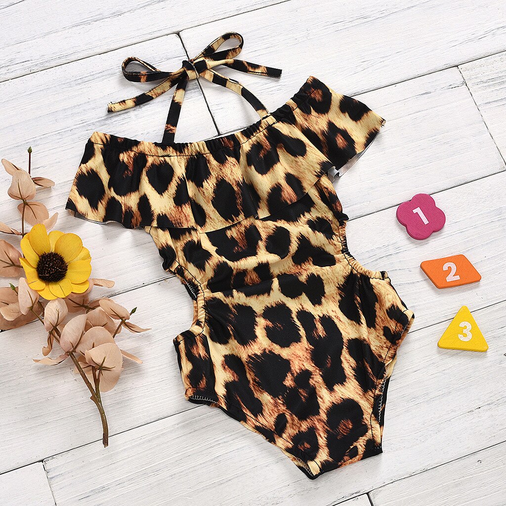 Leopard Print One Piece Swimsuit Kids Girl Cute Baby Girl Summer Halter Swimming Suit Bodysuit Chlidren Bathing Suit Swim Wear