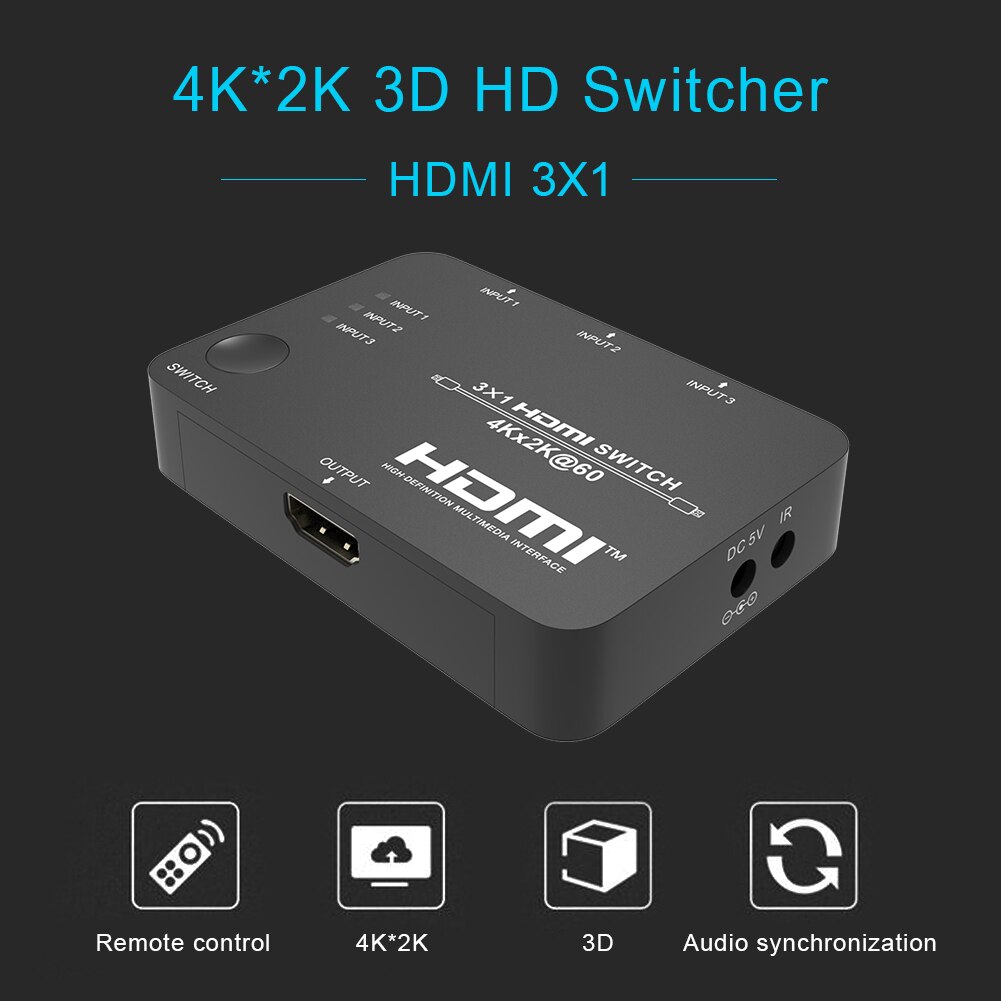 4K 2K 3x1 HDMI Switcher Splitter 3 in 1 out 1080P Video 3 Port Adapter Box HDMI Switcher Splitter Supports Ultra HD 4K 1080P
