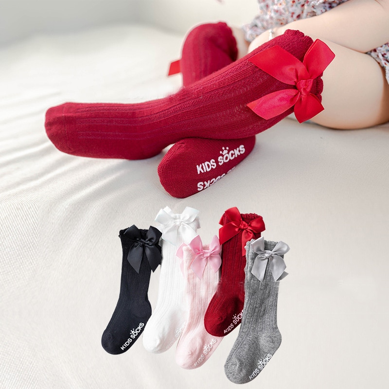Neue Mädchen Einzigen Farbe Streifen Strümpfe blasiert Mund Strümpfe Baby Bowknot Baumwolle Rutschfeste Kleinkind Aktien Spitzen Strümpfe