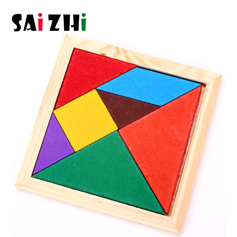 Saizhi 1 st trä tangram 7 bit pussel färgglada fyrkantiga iq-spel hjärngyckel intelligenta pedagogiska leksaker för barn