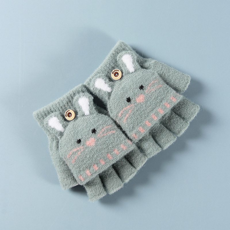 Gants doux tricotés avec des animaux de dessin animé pour bébés, pour filles et garçons, à rabat, mitaines chaudes sans doigts pour enfants, automne et hiver: Green