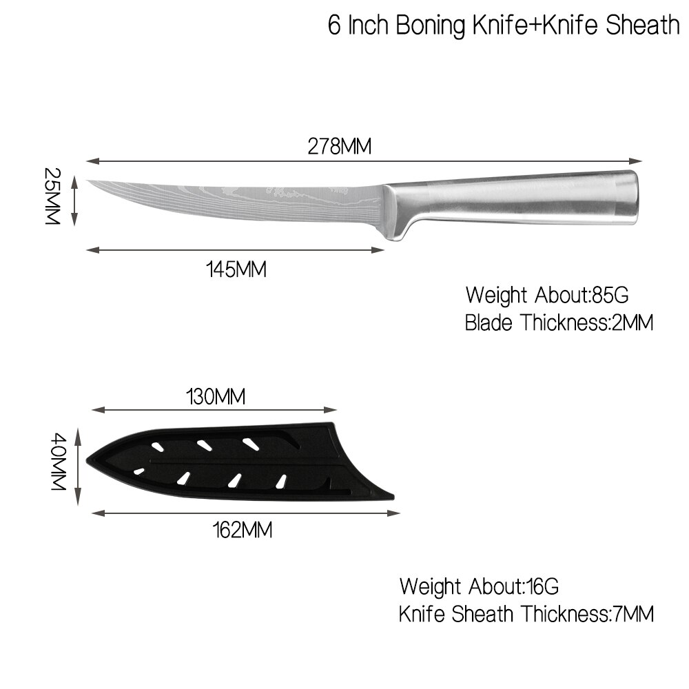 Damask køkkenknive sæt 7 cr 17 knive i rustfrit stål frugtværktøj santoku kok udskæring brød madlavning kniv damaskus mønster: 6 in udbeningsknive
