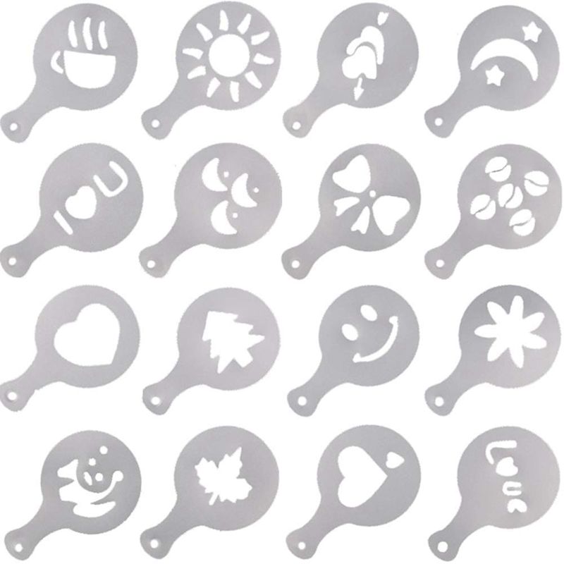 Diverse thema's 16 stuks koffiesjablonen, matte transparante koffiedecoratiesjabloon kunstsjablonen voor latte cappuccino koffie fo: Default Title