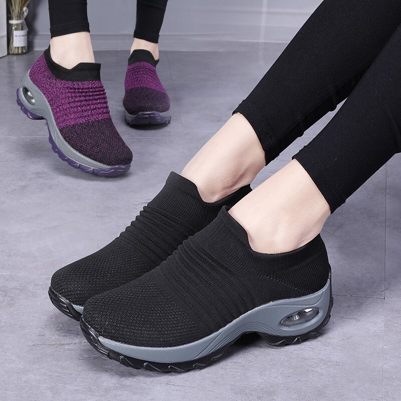 Women Sneakers Shoes Spring Flat Slip Sneakers For Women Breathable Mesh Sock Sports Running Shoes Platform Air Cushion Wedge