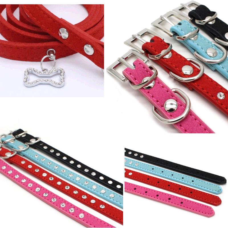 Rhinestone Pet Collar Leash For Small Dogs Adjustable Suede Leather Puppy Cat Walking Leads Outdoor Necklace Leashes Set