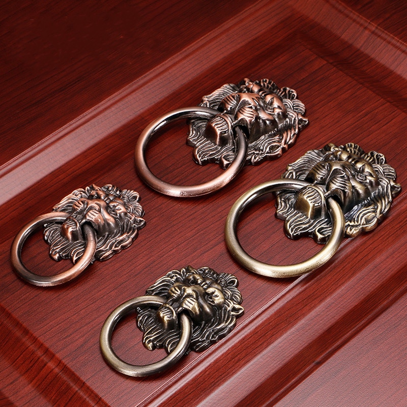 1Pc Antieke Kleine Chinese Deurklink Leeuw Deurklopper Zinklegering Kast Lade Knop Ring Pull Meubels hardware