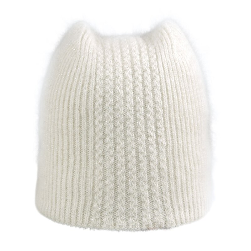 Gorro de lana de imitación con orejas de gatito para mujer, gorro de lana de imitación con orejas de gato, cálido, Color sólido: Blanco