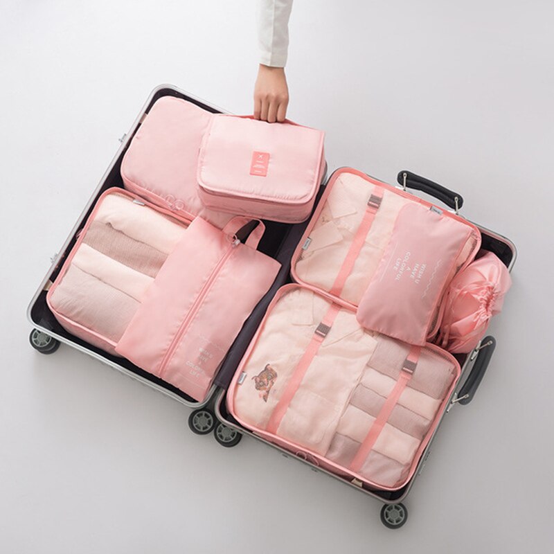 8-Piece Luggage Packing Cube Set - Large Capacity Travel Organizer Bags - Polyester Storage Suitcase Organizer: Pink