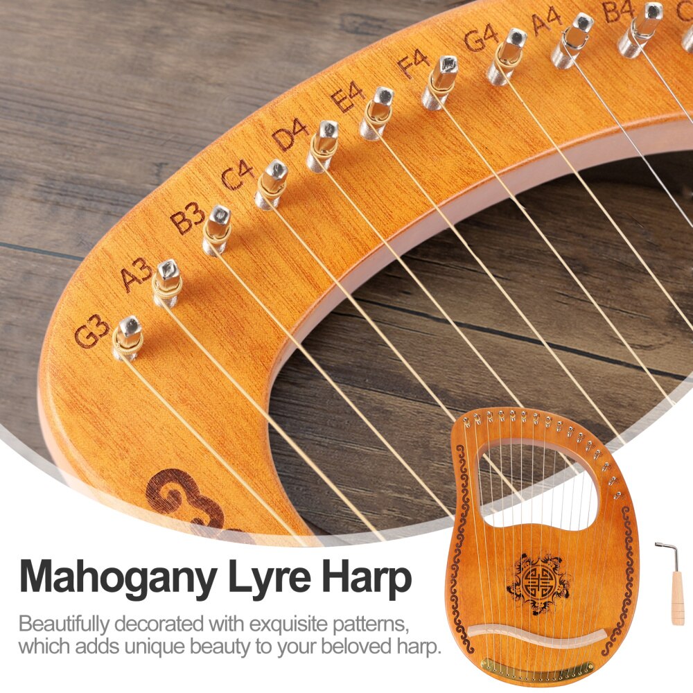 Lyre Harp 16 Metal Strings Handheld Harp Mahogany Body String Instrument