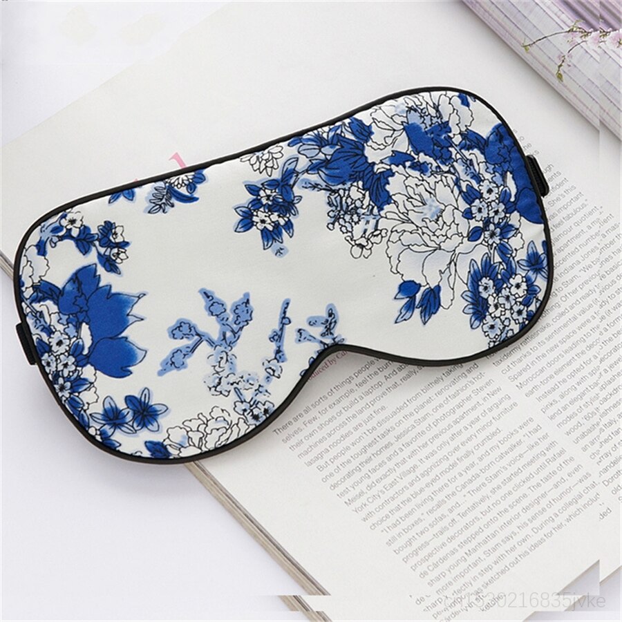 Mascarilla de seda de mora para dormir, 100% de porcelana china con estampado Floral, súper lisas, antifaz para dormir de viaje, azul y blanco: B