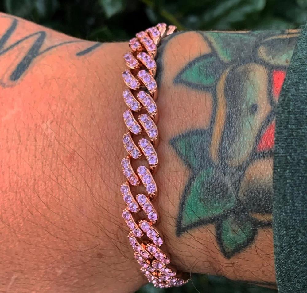 9mm width pink pinky white cubic zirconia cz Miami cuban link chain bracelet for women girl 17cm 19cm