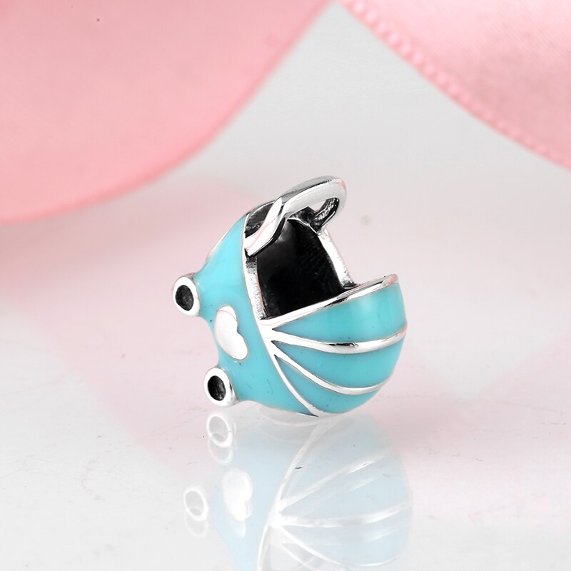 blue enamel Baby carriage 925 Sterling Silver fine Beads Fit Original JIUHAO Charm Bracelet Jewelry making