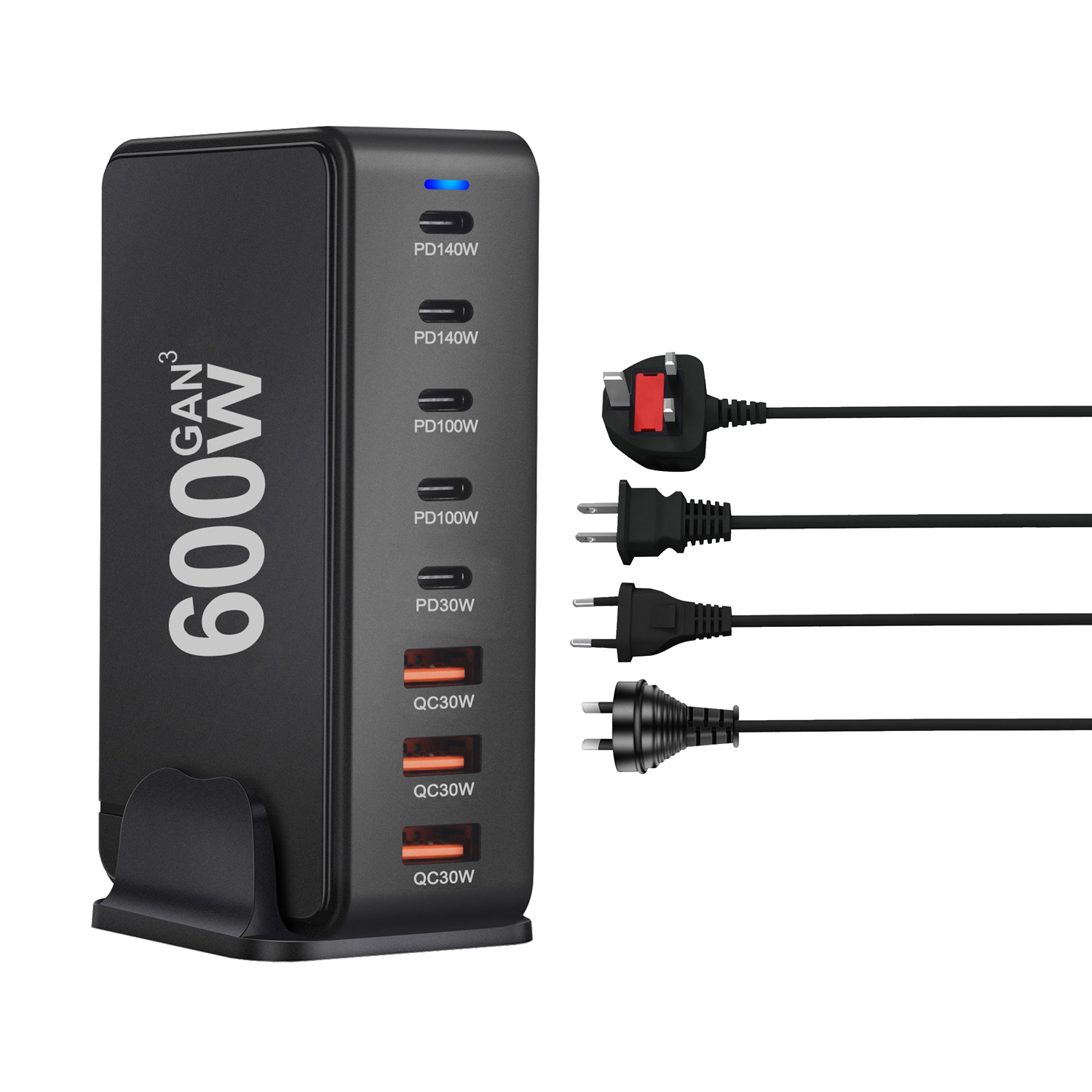 cargador rápido Gan de 600W 3,0 USB tipo C cargador móvil de 8 puertos 5C3A PD conveniente para llevar cargador de tableta