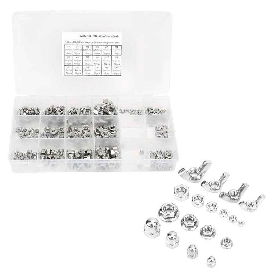 180Pcs Durable Stainless Steel Nuts Wing Flange Hex Nuts M2 M2 5 M3 M6