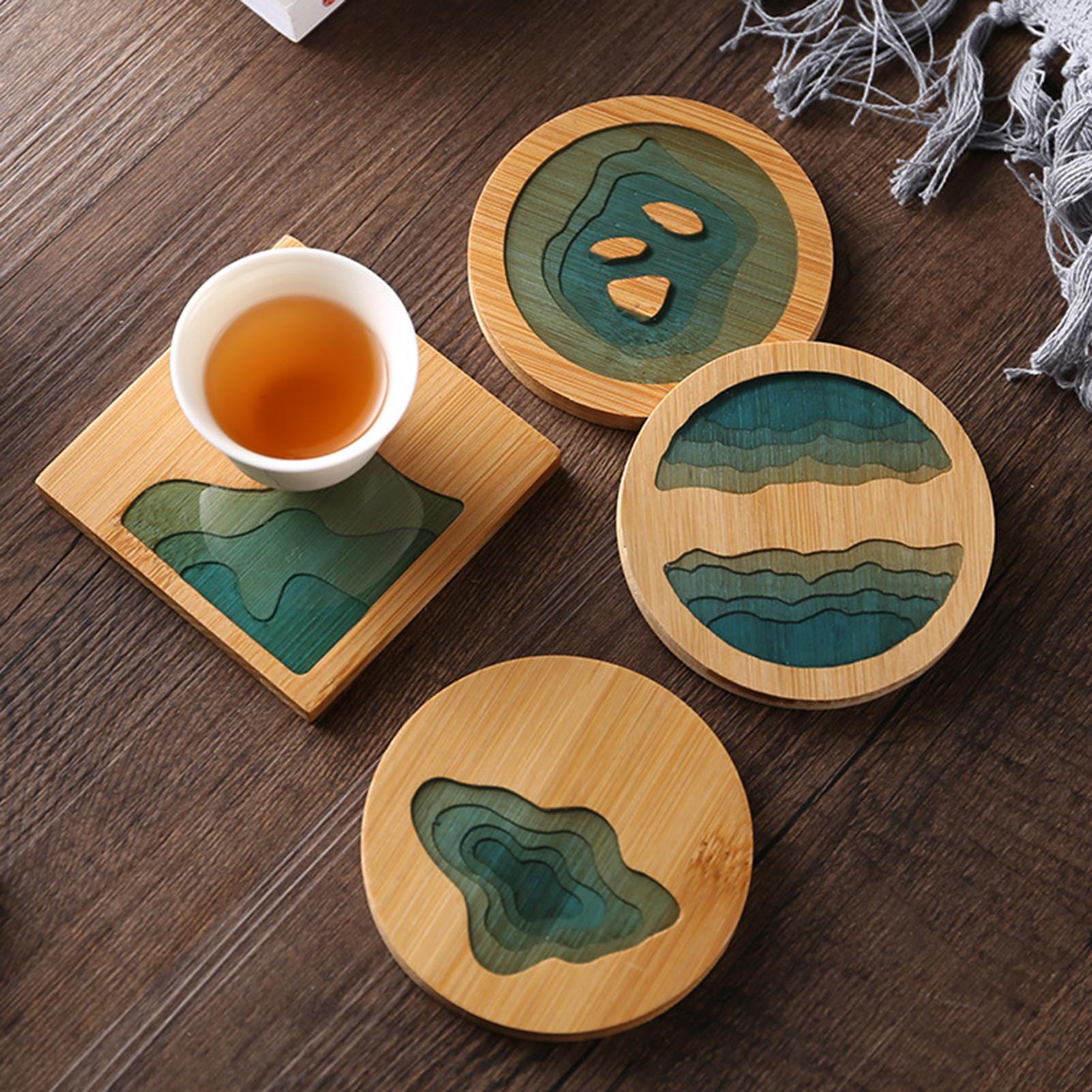 Round Cup Pad Epoxy Resin Transparent Bamboo Insulation Pad Landscape Pattern Coaster Tea Cup Holder Mat For Kitchen