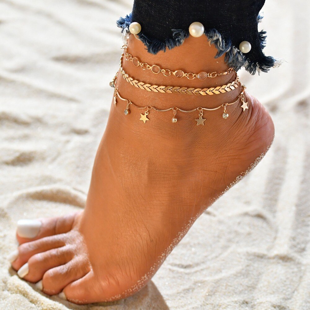 LOLEDE 3pcs/set Anklets for Women Foot Accessories Summer Beach Barefoot Sandals Bracelet ankle on the leg Female Ankle: color 2