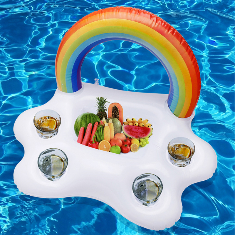 Uppblåsbar pool flytande öl dricka svalare bord bar bricka strand simning ring sommar pool fest hink regnbåge moln kopphållare
