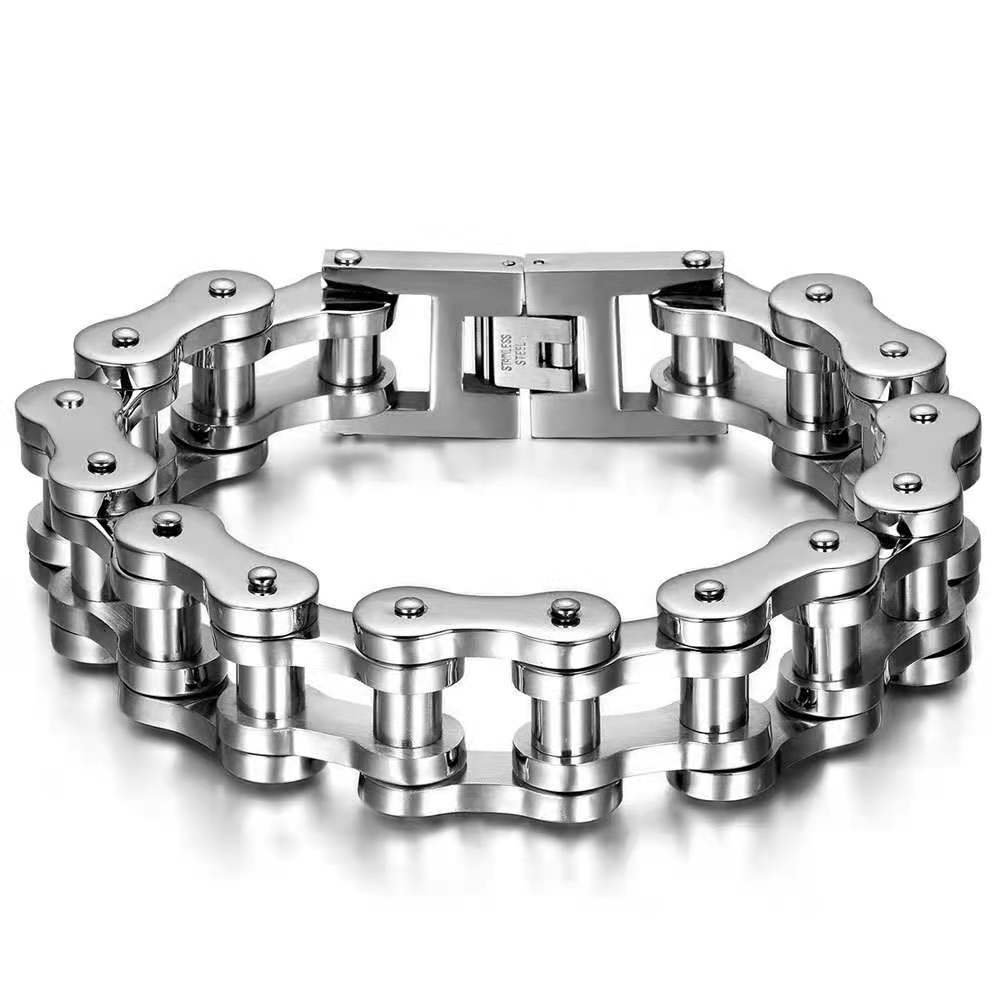 Pulsera negra de acero inoxidable para hombre, brazalete resistente de 18mm/22mm, cadena de motocicleta, joyería: Silver 18mm Wide / los 23cm