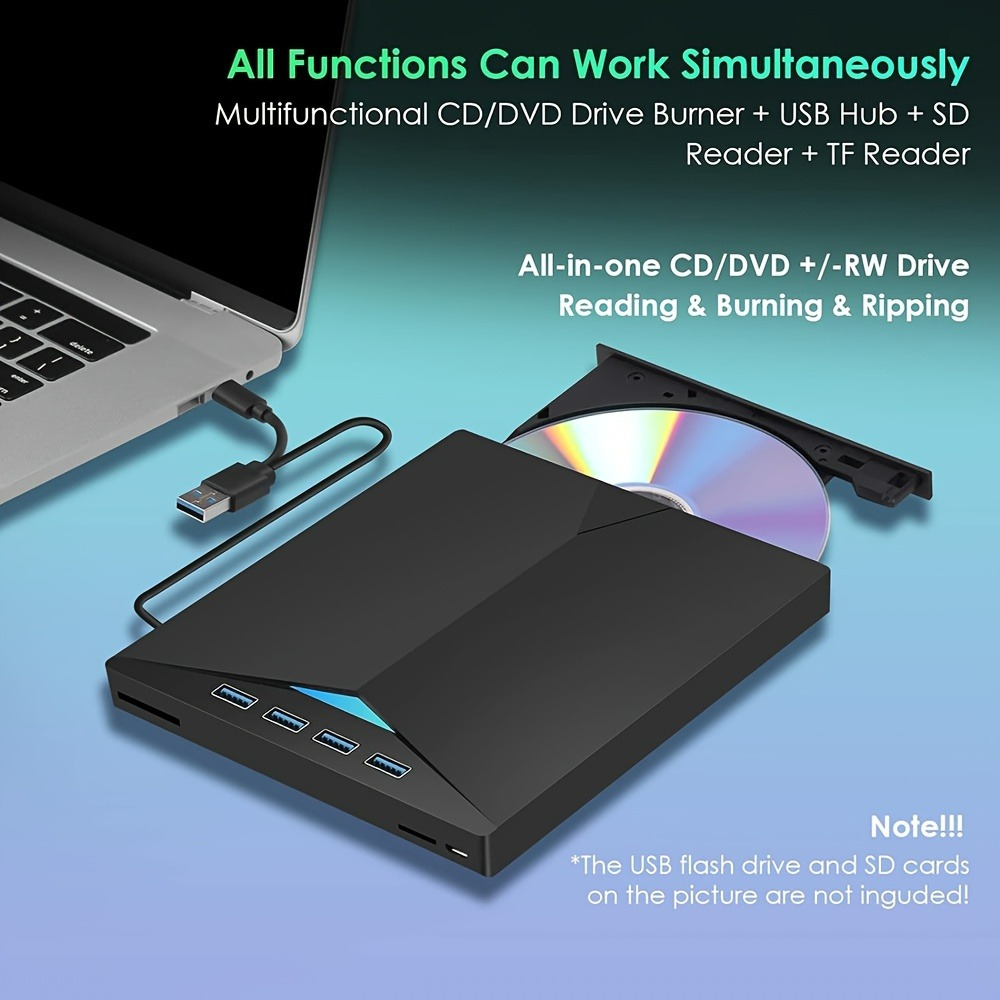7-in-1 externes CD-DVD-Laufwerk mit 4 USB-A-Anschlüssen und TF/SD-Kartensteckplätzen für Laptop, MacBook, Desktop-PC, Windows 11/10/8/7, Linux Mac