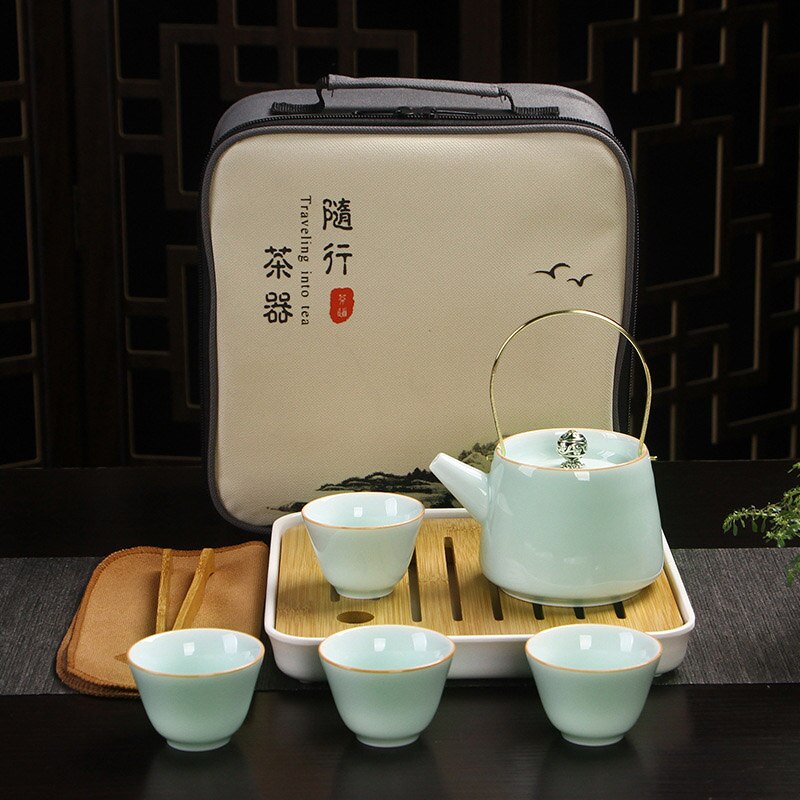 Chinese Travel Kung Fu Tea Set Ceramic Celadon Teapot Porcelain Teaset Gaiwan Tea Cups of Tea Ceremony Tea Pot With Travel Bag