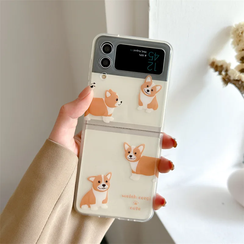 Cartoon Leuke Corgi Teckel Telefoon Case voor Samsung Galaxy Z Flip 5 4 3 Hard Cover voor Z Flip 3 Z flip 4 Solid Shell Beugel: Canvas / Beige
