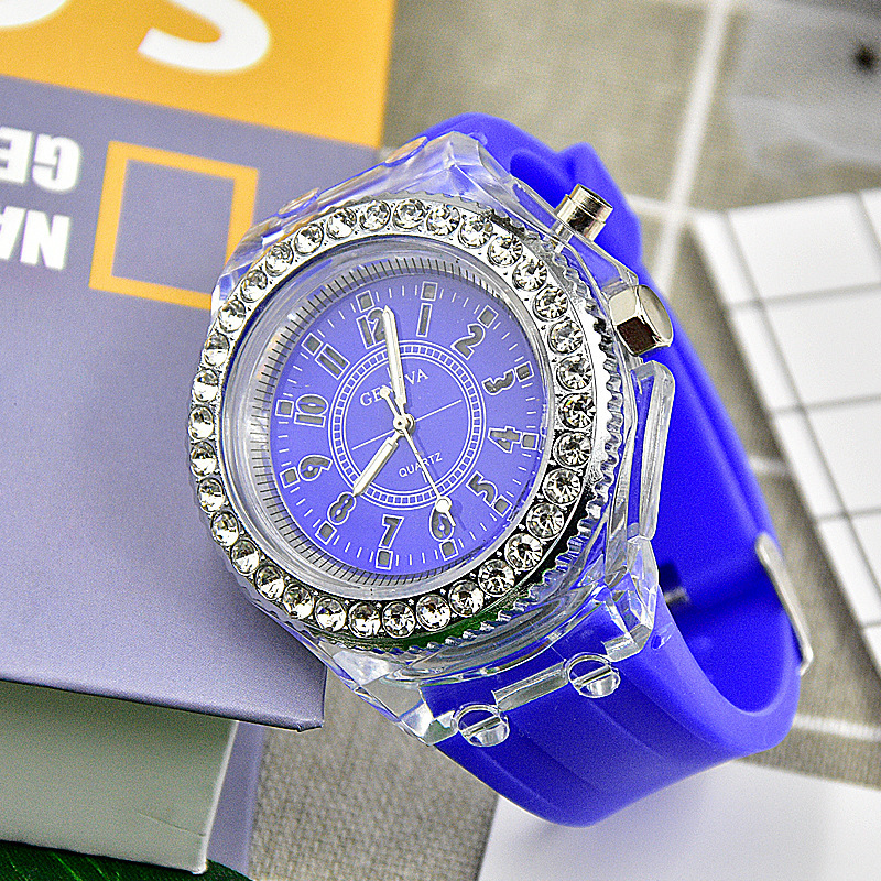Luminous Quartz Watch for Women Personality Rhinestone Led Geneva Male and Female Students Couple Jelly Wrist Watches: Blue