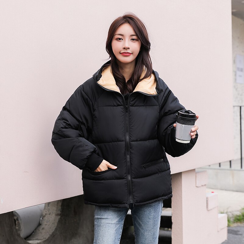 Dikke dames parka's effen losse dames winter puffer jas plus size koreaanse stijl capuchon opstaande kraag casual overjas vrouw: Zwart / S