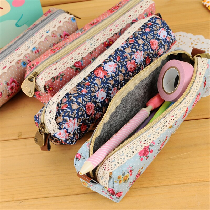 Mini Retro Flower Floral Lace Pencil Case, Pencil Bag School Supplies Cosmetic Makeup Bag Zipper Pouch Purse, Estojo Escolar