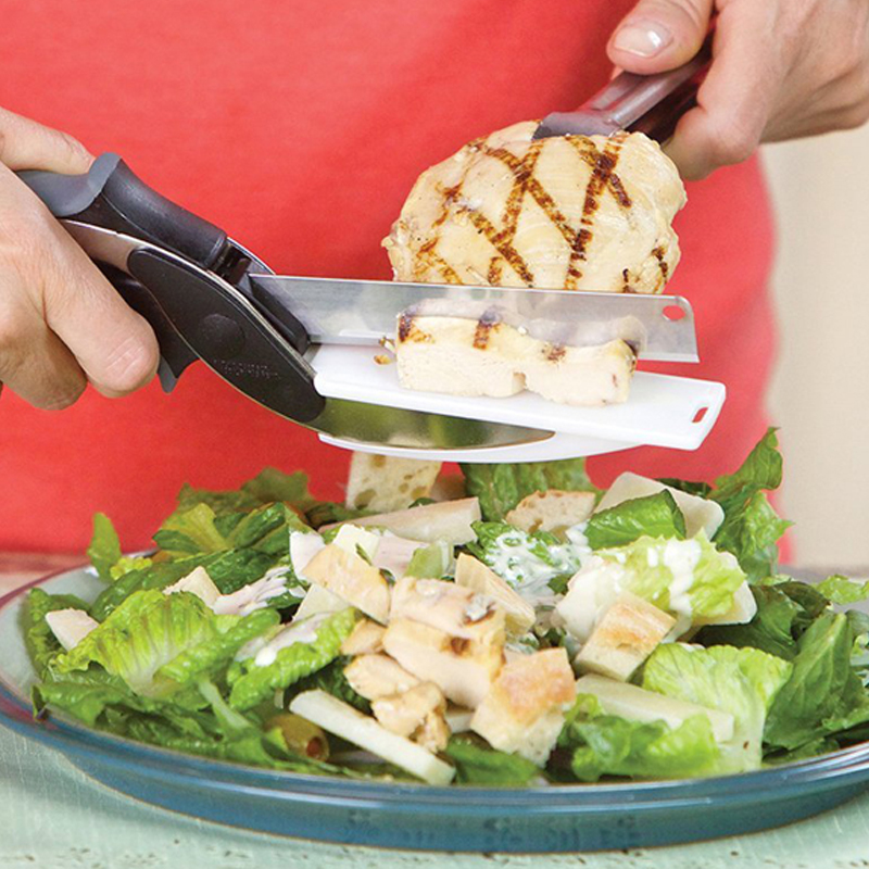 2 i 1 multifunksjonell kutter i rustfritt stål kjøkken saks skjærebrett kokk kniv chopper smart frukt grønnsak saks