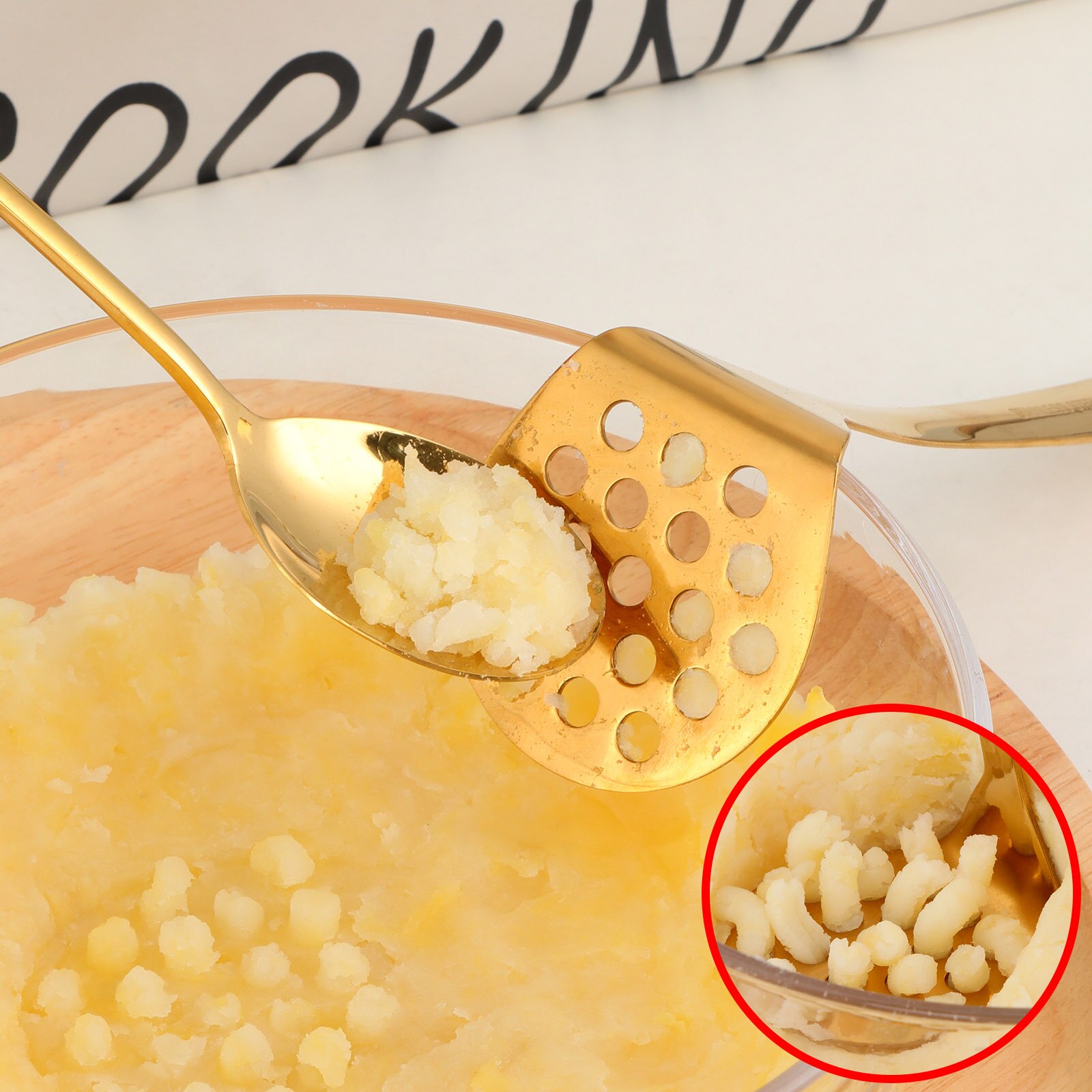 5Pcs Kitchen Utensils Set Stainless Steel Cooking Soup Spoon Spaghetti Ladle Potato Masher Serving Fork Set Hangable Kitchenware