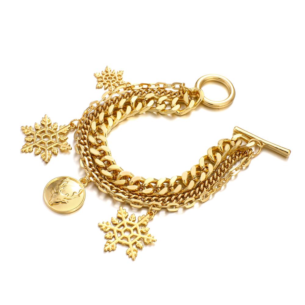 Flashbuy Christmas Gold Color Chain Bracelet Personality Snowflake Elk Multilayer Charms Bracelets For Women Accessories