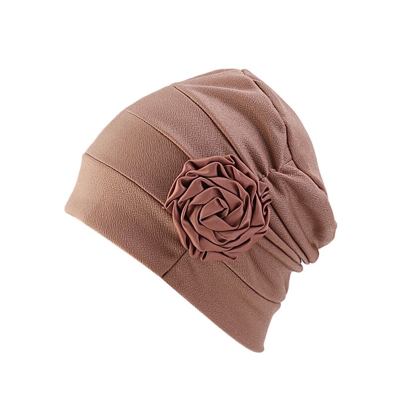 Blomst form turban hår kasketter hue kvinder kemo cap sove nat motorhjelm pige hår styling tilbehør: Mørk khaki