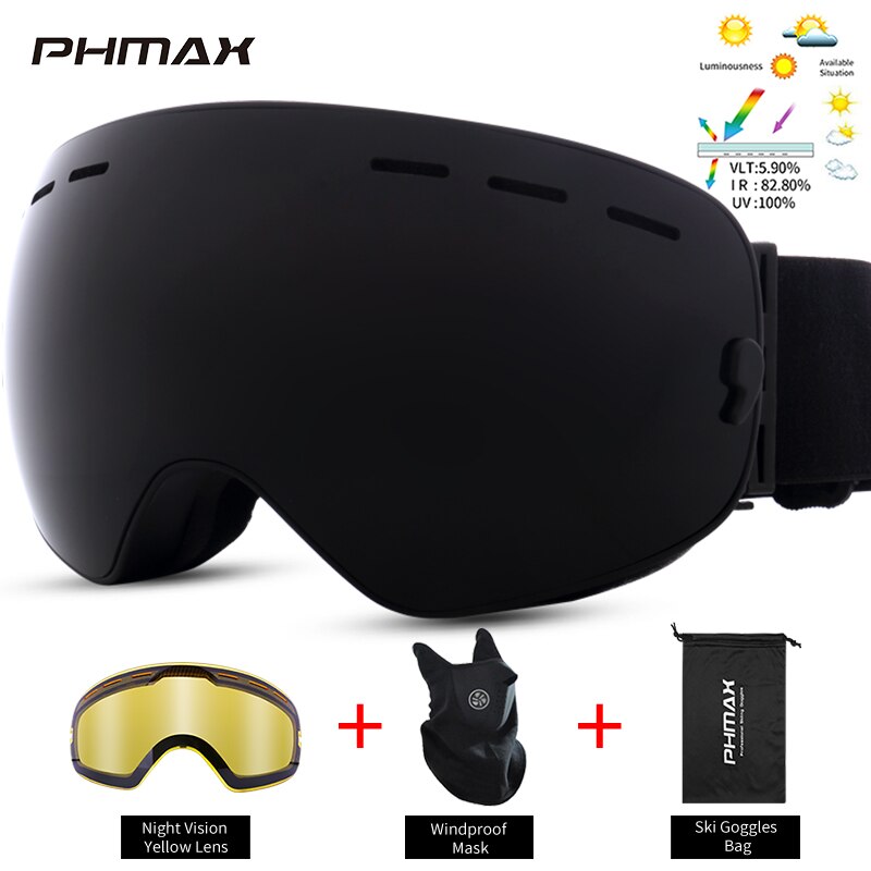 Phmax-óculos de esqui, unissex, máscara de neve, óculos de inverno, ski, com lentes amarelas, anti-neblina, snowboard: XJ-0101-SJ
