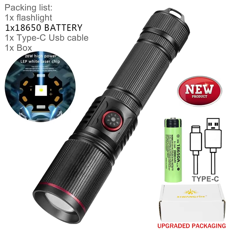 Aluminum Alloy 30W Super Powerful LEP Flashlight 18650 or 21700 Battery Zoom Torch Light Lamp with Tail Rope Power Indicator: Red