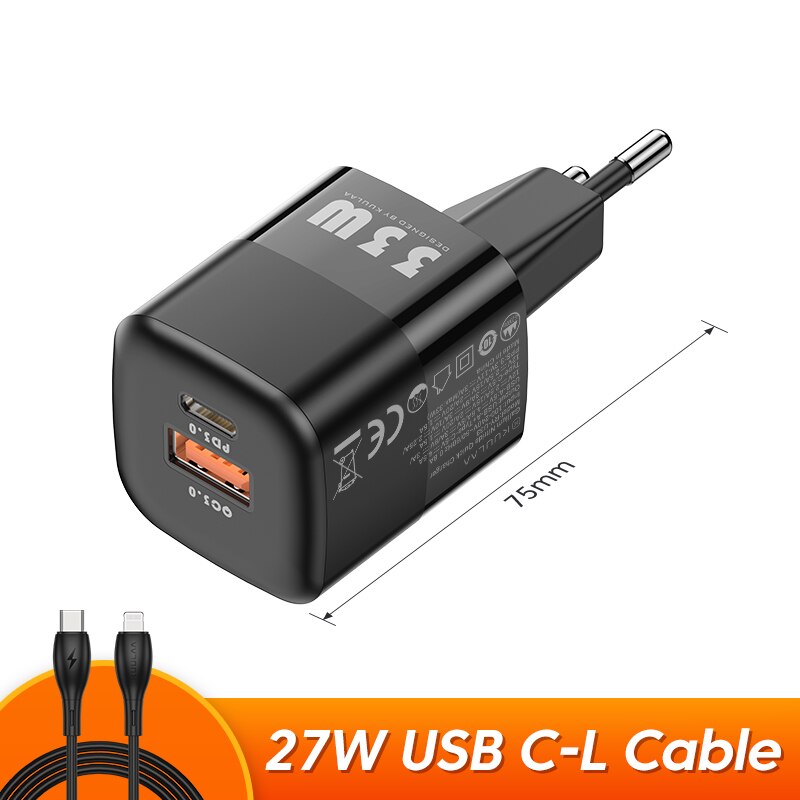 Kuulaa 33W Gan Charger Usb C Type C Pd Draagbare Oplader Snel Opladen Voor IPhone13 12 11 Max Pro xs 8 Plus Ipad Air 4 Ipad Mini: EU Black C-L Cable