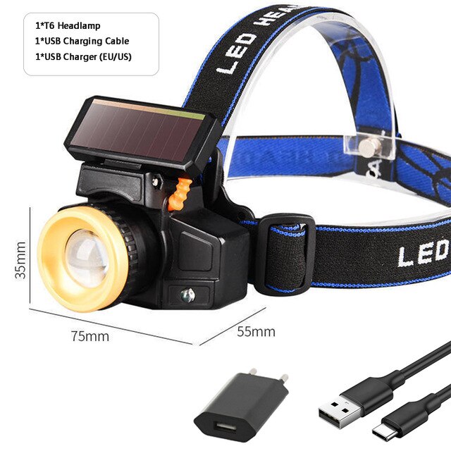 Solar Charging Headlamp USB Rechargeable Motion Sensor Headlight Outdoor Fishing Lamp Strong Long Range Zoom Headlights: B / Without Sensor