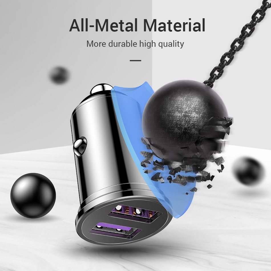 36W QC 3.0 Quick Charge Dual USB Car Charger All Metal Car Auto Charger Mini Car Phone Charger for iPhone Samsung Huawei Xiaomi