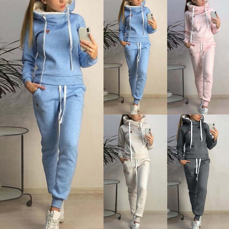 2 Piece Winter Tracksuit Warm Sportwear Sets Women Autumn Hooded Sweatshirt Sets Sport Hoodies + Casual Jogging