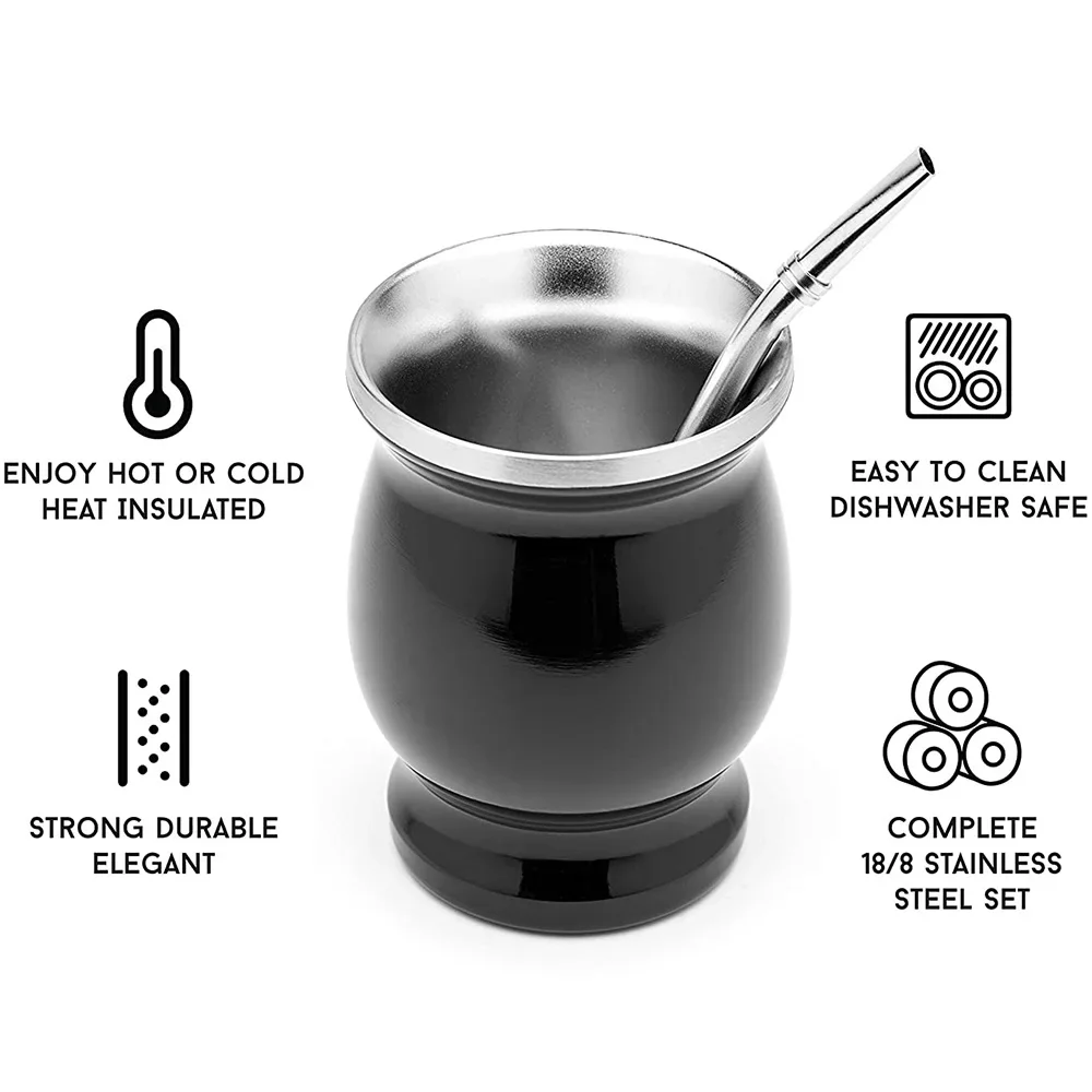 Yerba Mate Kopp Kemorii 304 Rustfritt Stål Dobbel Vegg - Inkl. Bombilla og Rensebørste